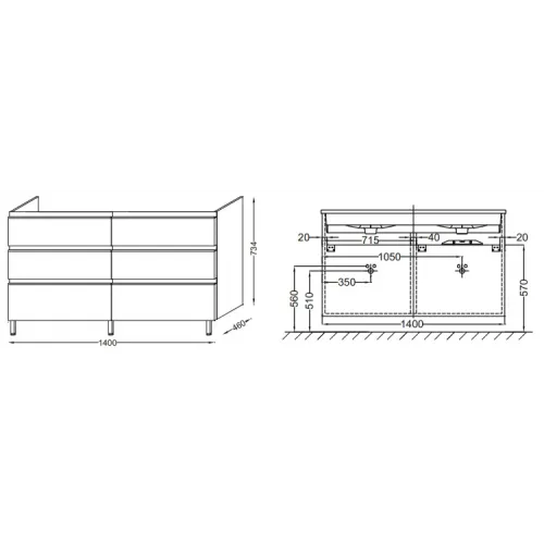 Модуль под раковину Vox 140х46х45,2 см, ореховое дерево, с 4 ящиками, встроенные ручки EB2020-RA-E16 Jacob Delafon