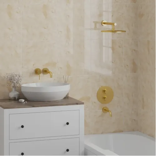 Комплект на 2 потребителя с термостатом Cox PAINI, для ванны с верхним душем, брашированное золото PVD