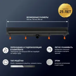 Душевой лоток PAINI Klasik 850 мм D40, монтаж к стене, черный матовый