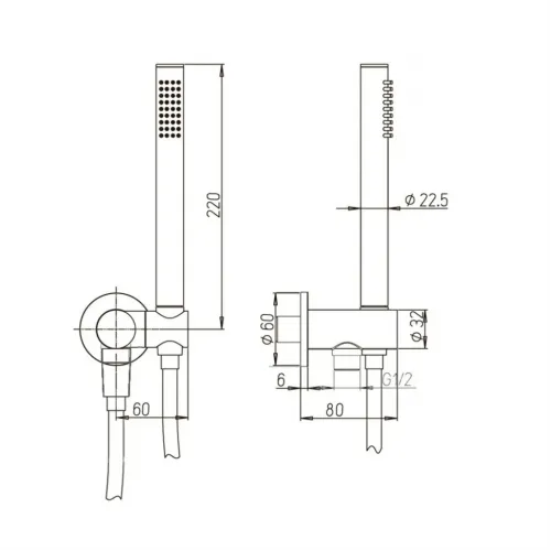 Комплект ручной лейки для встройки со шлангом, черный (YO)