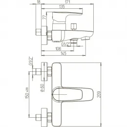 Смеситель для ванны PAINI Parallel без аксессура, хром (CR)