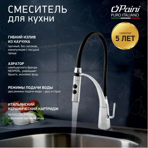 Смеситель для кухни PAINI Barolo гибкий, хром/черный