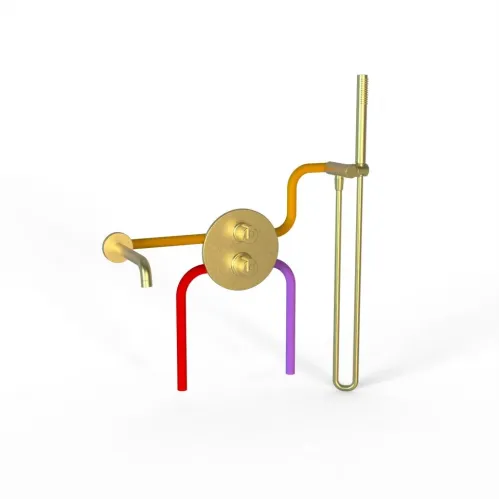 Комплект на 2 потребителя с термостатом Cox PAINI, для ванны с ручным душем, брашированное золото PVD