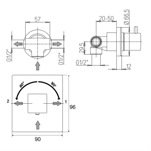 Встраиваемый дивертор PAINI Grazia на 2 выхода, встраиваемый, хром (CR)