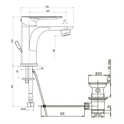 Смеситель для раковины PAINI Garda c донным клапаном, хром (CR)