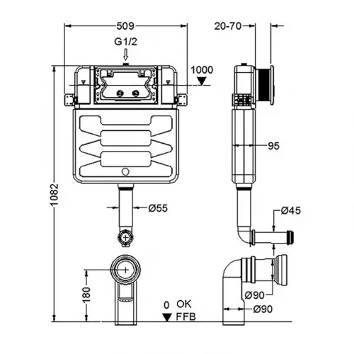 Встраиваемый бачок URBATEC для приставного унитаза, с клавишей квадрат, белый