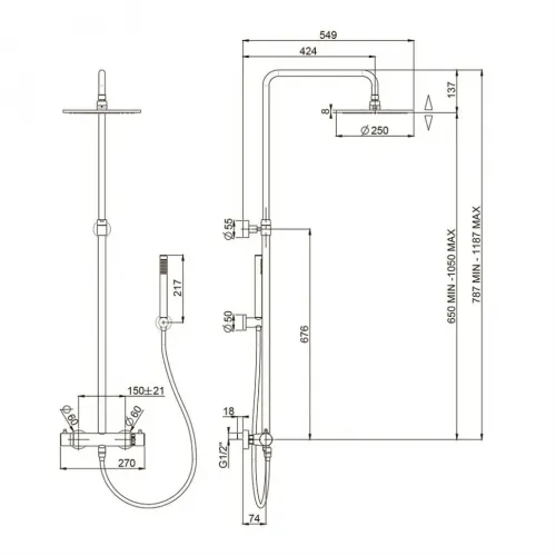 Душевая система PAINI Cox 250 мм, с термостатом, черный брашированный PVD (PZ)