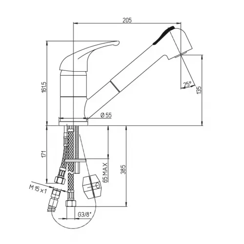 Смеситель для кухни PAINI Pilot выдвижной излив 04CR568RU, хром (CR)