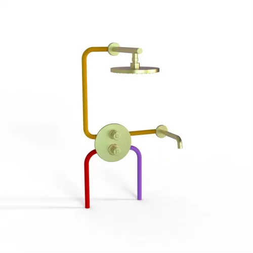 Комплект на 2 потребителя с термостатом Cox PAINI, для ванны с верхним душем, брашированное золото PVD