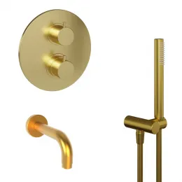 Комплект на 2 потребителя с термостатом Cox PAINI, для ванны с ручным душем, брашированное золото PVD
