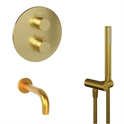 Комплект на 2 потребителя с термостатом Cox PAINI, для ванны с ручным душем, брашированное золото PVD