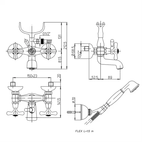 Смеситель для ванны PAINI Liberty с аксессуаром, хром (CR)