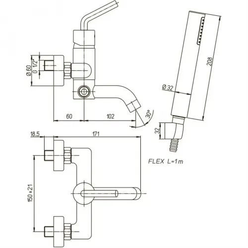Смеситель для ванны PAINI Pixel с аксессуаром, хром (CR)