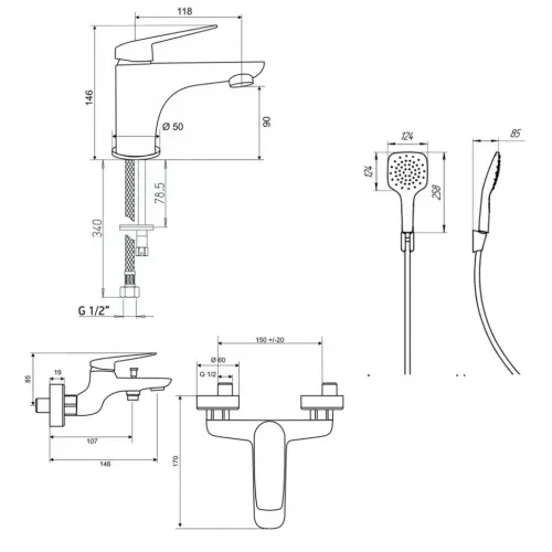 Комплект смесителей PAINI Laguna 3в1, для раковины и ванны с лейкой