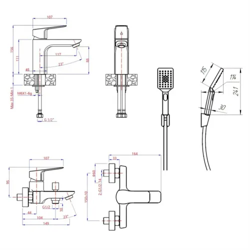 Комплект смесителей PAINI Viva Style 3в1, для раковины и ванны с лейкой