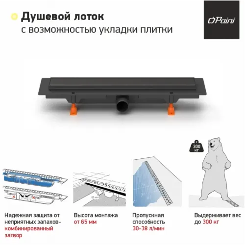 Душевой лоток PAINI Klasik 450 мм D40, черный матовый