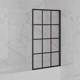 Душевая шторка на ванну Screen 70 см, неподвижная, принт решетка, профиль черный