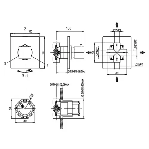 Встраиваемый дивертор PAINI Dax на 3 выхода, черный брашированный PVD (PZ)