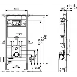 TECE 9600200 TECElux Застенный модуль инсталляция 200 с регулировкой высоты, высота установки 1120 мм