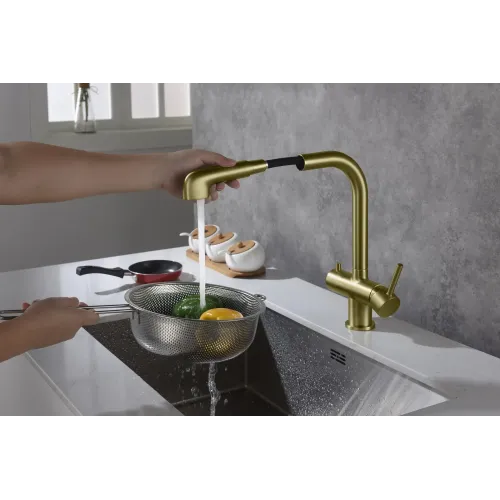 Timo. Смеситель для кухни с подключением фильтра и выдвижной лейкой Saona 2346/17FL Золото матовое