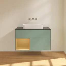 Villeroy & Boch Finion Тумба под раковину, с подсветкой, 2 выдвижных ящика, 1000 x 603 x 501 mm, Olive Matt Lacquer / Gold Matt Lacquer F652HFGM