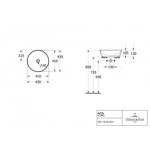 Раковина накладная Villeroy & Boch Artis 43 x 43 см CeramicPlus 417943R1