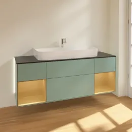Villeroy & Boch Finion Тумба под раковину, с подсветкой, 4 выдвижных ящика, 1600 x 603 x 501 mm, Olive Matt Lacquer / Gold Matt Lacquer G212HFGM
