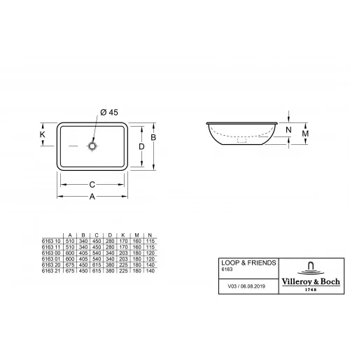 Раковина под столешницу Villeroy & Boch Loop & Friends 45 x 67.5 см CeramicPlus 616320R1