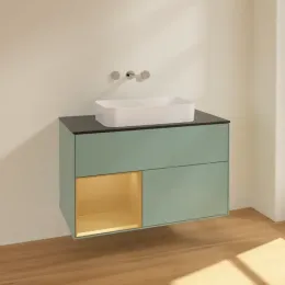 Villeroy & Boch Finion Тумба под раковину, с подсветкой, 2 выдвижных ящика, 1000 x 603 x 501 mm, Olive Matt Lacquer / Gold Matt Lacquer F652HFGM