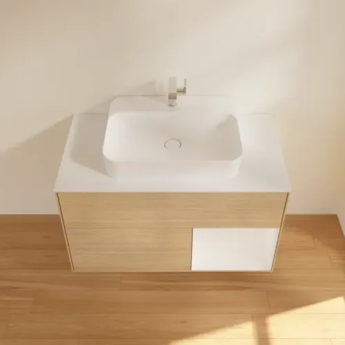 Villeroy & Boch Finion Тумба под раковину, с подсветкой, 2 выдвижных ящика, 1000 x 603 x 501 mm, Oak Veneer / Glossy White Lacquer F371GFPC