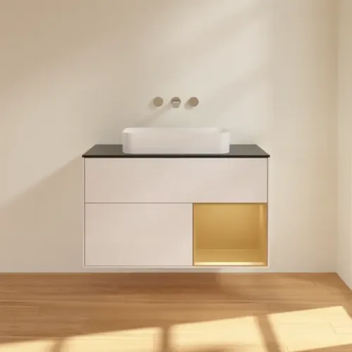 Villeroy & Boch Finion Тумба под раковину, с подсветкой, 2 выдвижных ящика, 1000 x 603 x 501 mm, Glossy White Lacquer / Gold Matt Lacquer F662HFGF