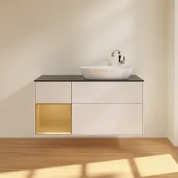 Villeroy & Boch Finion Тумба под раковину, с подсветкой, 3 выдвижных ящика, 1200 x 603 x 501 mm, Glossy White Lacquer / Gold Matt Lacquer G922HFGF