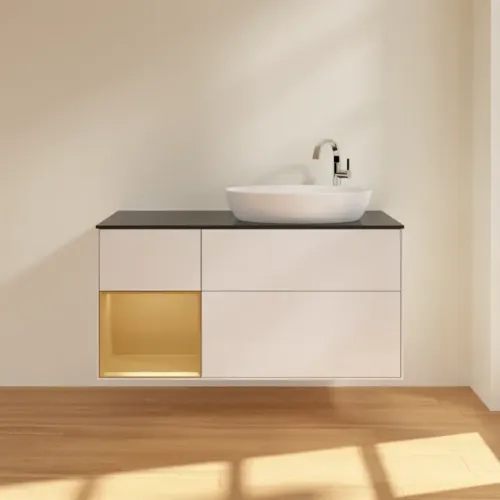 Villeroy & Boch Finion Тумба под раковину, с подсветкой, 3 выдвижных ящика, 1200 x 603 x 501 mm, Glossy White Lacquer / Gold Matt Lacquer G922HFGF