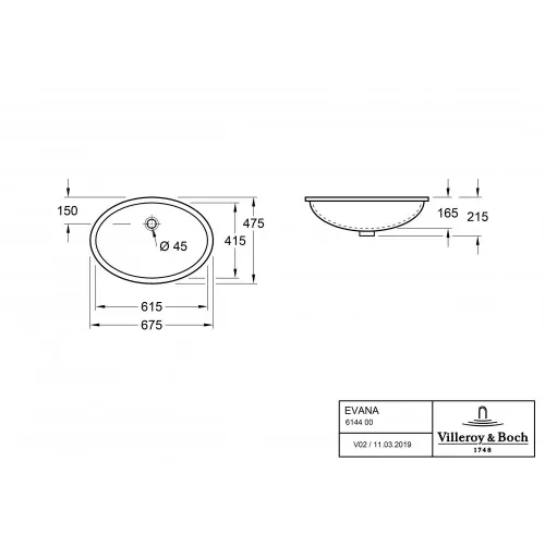 Раковина под столешницу Villeroy & Boch Evana 61.5 x 41.5 см CeramicPlus 614400R1