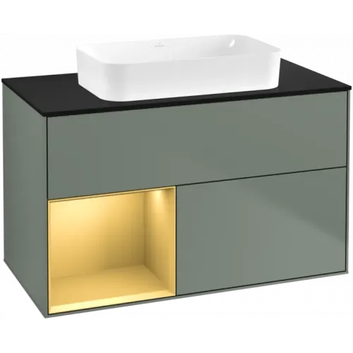 Villeroy & Boch Finion Тумба под раковину, с подсветкой, 2 выдвижных ящика, 1000 x 603 x 501 mm, Olive Matt Lacquer / Gold Matt Lacquer F652HFGM