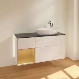 Villeroy & Boch Finion Тумба под раковину, с подсветкой, 3 выдвижных ящика, 1200 x 603 x 501 mm, Glossy White Lacquer / Gold Matt Lacquer G922HFGF