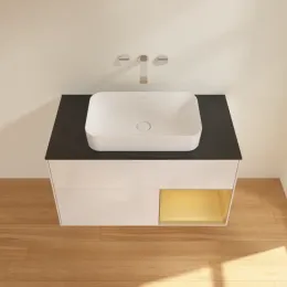 Villeroy & Boch Finion Тумба под раковину, с подсветкой, 2 выдвижных ящика, 1000 x 603 x 501 mm, Glossy White Lacquer / Gold Matt Lacquer F662HFGF