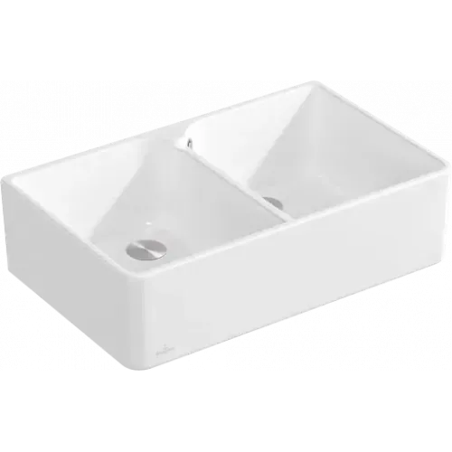 Villeroy & Boch Полувстраиваемая мойка с двойной раковиной 80 X Мойка с двумя чашами, включая Комплект слива с ручным управлением, выкл Керамика, 795 x 500 mm, Stone White CeramicPlus 638001RW