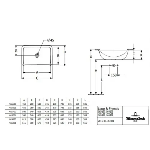 Раковина Villeroy & Boch Loop & Friends 4A650001 60х40 с переливом, Альпийский белый 4A650001