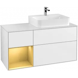 Villeroy & Boch Finion Тумба под раковину, с подсветкой, 3 выдвижных ящика, 1200 x 603 x 501 mm, Glossy White Lacquer / Gold Matt Lacquer F141HFGF