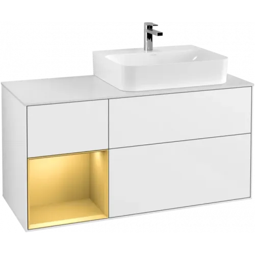 Villeroy & Boch Finion Тумба под раковину, с подсветкой, 3 выдвижных ящика, 1200 x 603 x 501 mm, Glossy White Lacquer / Gold Matt Lacquer F141HFGF