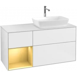Villeroy & Boch Finion Тумба под раковину, с подсветкой, 3 выдвижных ящика, 1200 x 603 x 501 mm, Glossy White Lacquer / Gold Matt Lacquer G801HFGF
