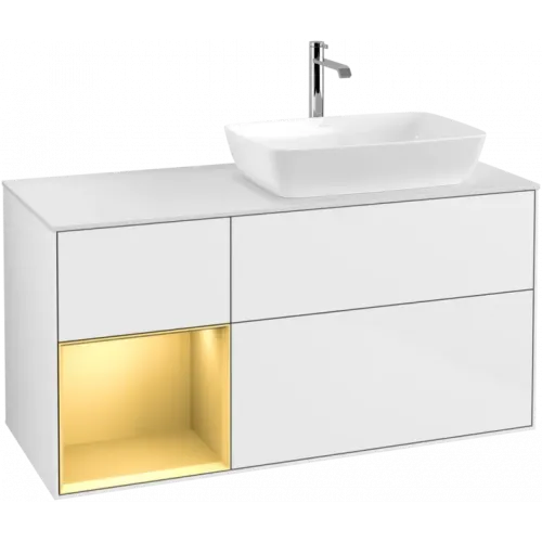 Villeroy & Boch Finion Тумба под раковину, с подсветкой, 3 выдвижных ящика, 1200 x 603 x 501 mm, Glossy White Lacquer / Gold Matt Lacquer G801HFGF