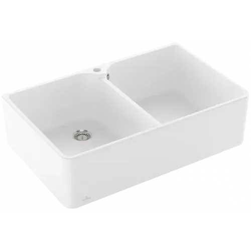 Villeroy & Boch Полувстраиваемая мойка с двойной раковиной 80 X Мойка с двумя чашами, включая Комплект слива с ручным управлением, выкл Керамика, 795 x 500 mm, Альпийский белый CeramicPlus 638001R1
