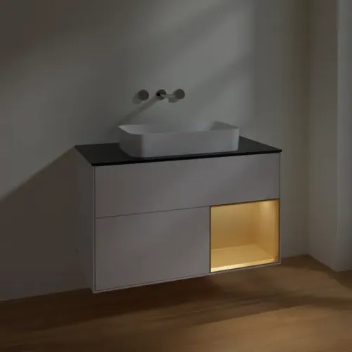 Villeroy & Boch Finion Тумба под раковину, с подсветкой, 2 выдвижных ящика, 1000 x 603 x 501 mm, Glossy White Lacquer / Gold Matt Lacquer F662HFGF