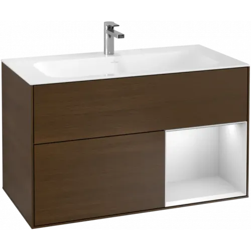 Villeroy & Boch Finion Тумба под раковину, с подсветкой, 2 выдвижных ящика, 996 x 591 x 498 mm, Walnut Veneer / White Matt Lacquer F040MTGN