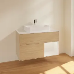 Villeroy & Boch Finion Тумба под раковину, с подсветкой, 2 выдвижных ящика, 1000 x 603 x 501 mm, Oak Veneer / Glossy White Lacquer F371GFPC