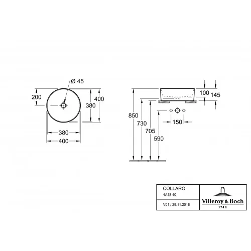 Раковина накладная Villeroy & Boch Collaro 40 x 40 см CeramicPlus 4A1840R1