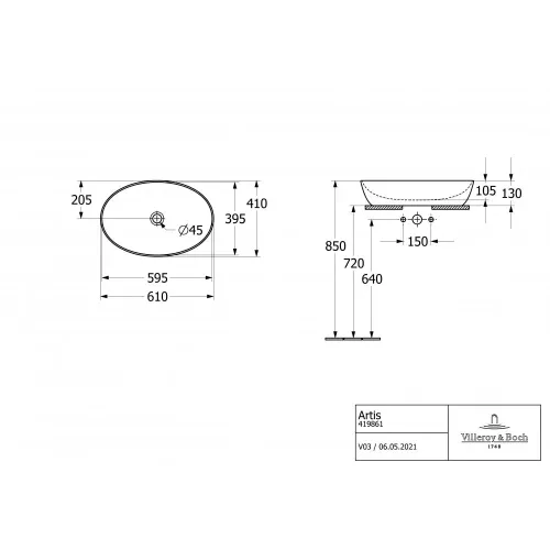 Раковина накладная Villeroy & Boch Artis 41 x 61 см CeramicPlus 419861R1
