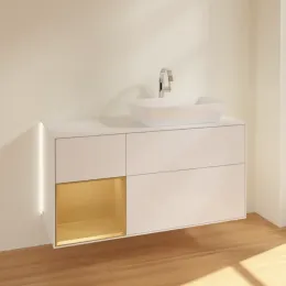 Villeroy & Boch Finion Тумба под раковину, с подсветкой, 3 выдвижных ящика, 1200 x 603 x 501 mm, Glossy White Lacquer / Gold Matt Lacquer G801HFGF